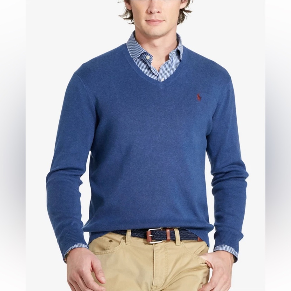 NWT Polo Ralph Lauren Men’s Pima Cotton V-Neck Sweater Shale Blue XXL